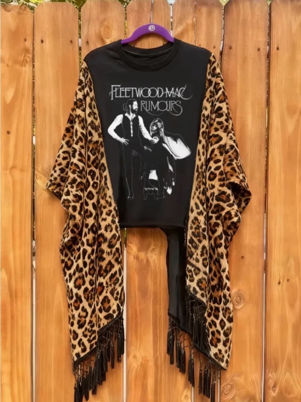 Fleetwood Mac 'Rumours' Black Graphic Tee with Leopard Print Fringe Shawl